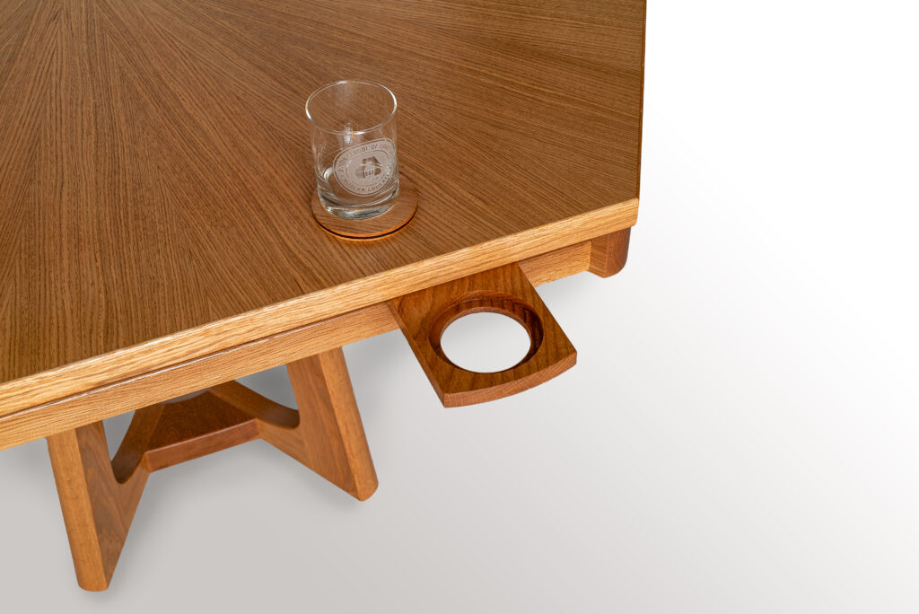 Peercium Game Table, whiskey glass and coasters